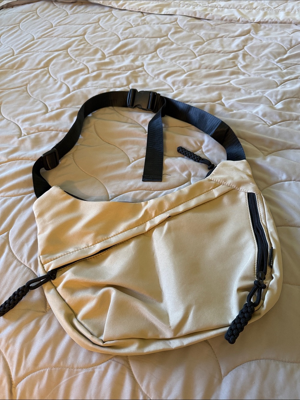 Taupe & Black Crossbody Sling Bag Black Adjustable Strap and Zippered Pockets